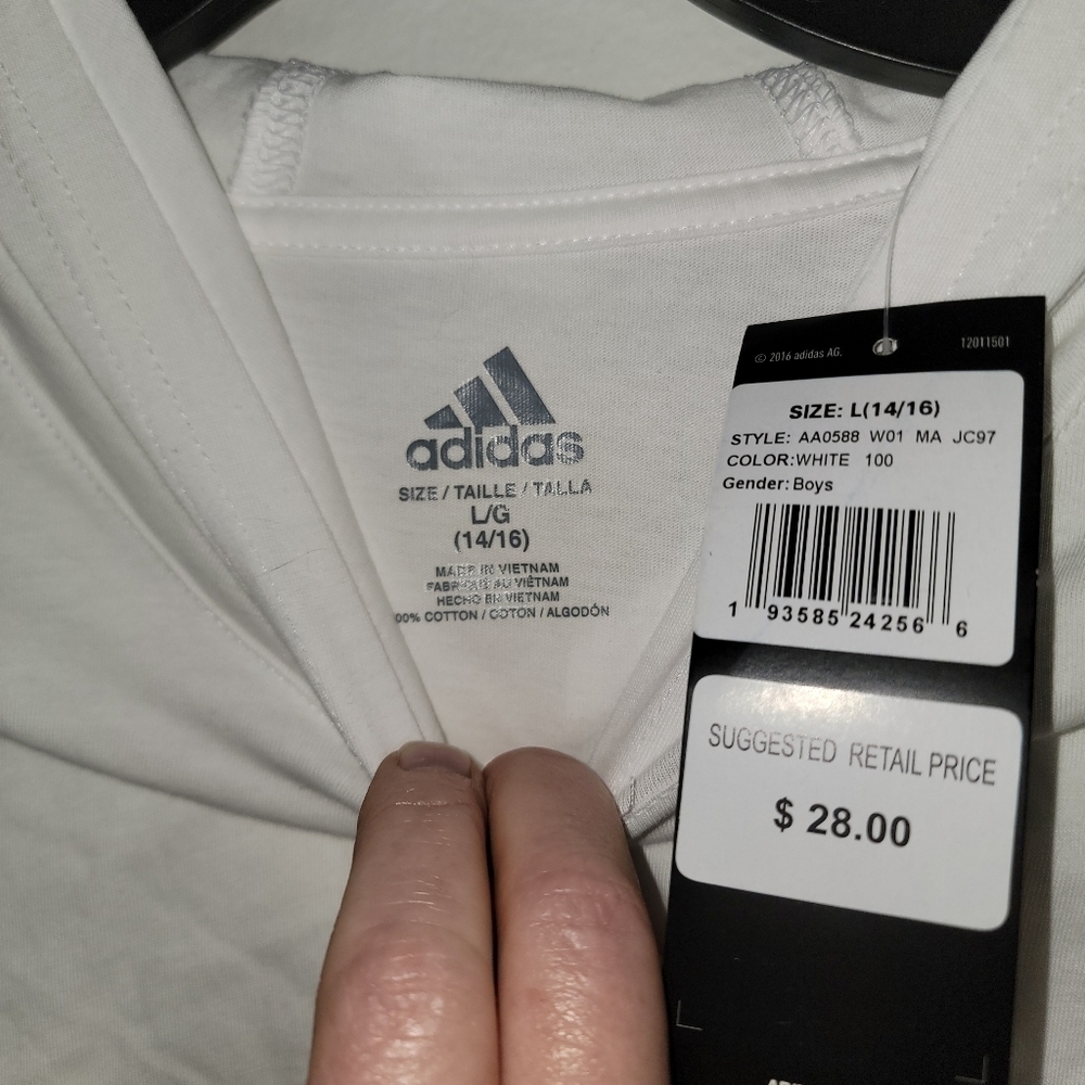 Adidas Tee Shirt Hoody Boys Large 14/16 White - Picture 5 of 7